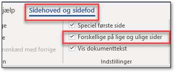 Forskelligt ulige og lige sidetal i Word