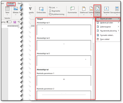 indsæt sidetal i Word