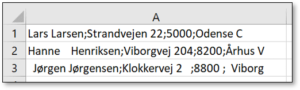 Kolonne med celleværdier der indeholder semikolonsepareret data