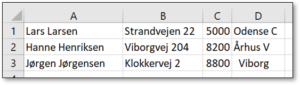 Kolonner med de adskilte data