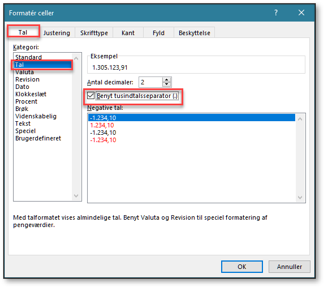 Tusindtalsseperator dialogboksen formater celle
