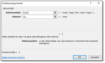 Funktionsboksen til Excel TÆL:HVISER