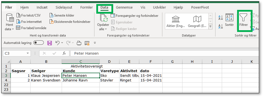 Opret et filtre fra fanen Data i Excel