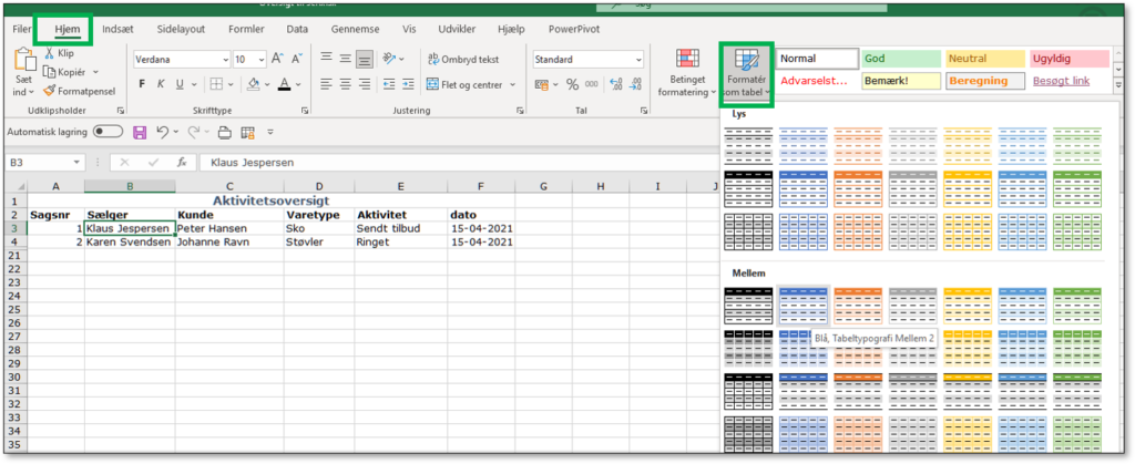 Opret tabel i Excel