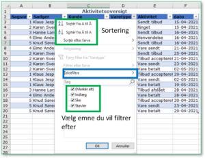 Muligheder i med et Excel filter