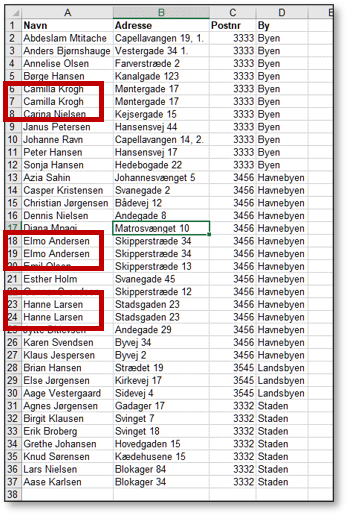 Liste til Find dubletter i Excel