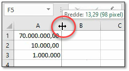 Bredden på cellen ændres, og tallet kan ses
