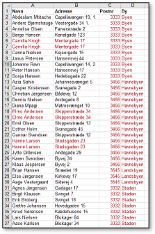 Liste med fremhævede dubletter fundet i Excel