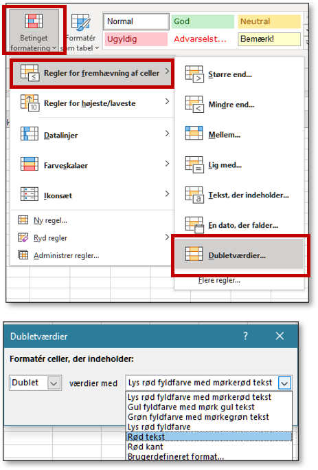 find dubletter i Excel med betinget formatering