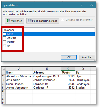 Fjern dubletter efter kolonnen By