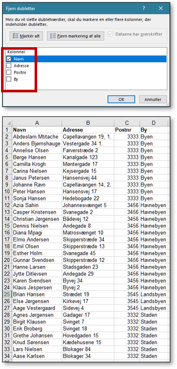 Fjern dubletter i Excel efter kolonnen navn