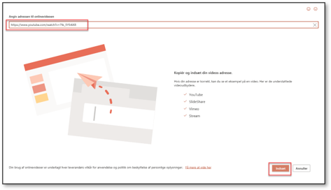 Indsæt video i PowerPoint indsæt youtube adresse