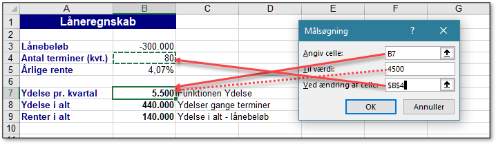 Målsøgning i Excel dialogboksen udfyldes