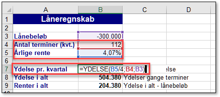 Målsøgning i Excel eksempel på opstilling med formel