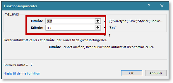 Tæl hvis i Excel i dialogboksen funktionsargumenter