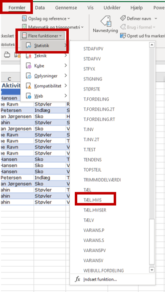Funktionen tæl hvis i Excel findes også på fanen Formler