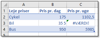 Værdi fejlen i Excel - mellemrum