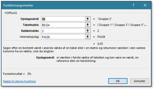Funktionsargumenter til vores eksempel på Vopslag i funktionsboksen i Excel