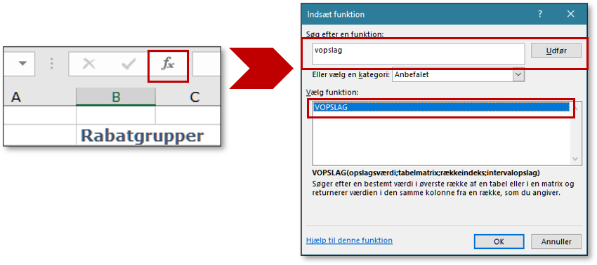 Få hjælp af Guiden Indsæt funktion til Vopslag i Excel