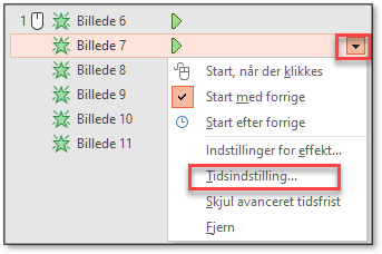 Vælg Tidsindstillinger i Animationsruden i PowerPoint