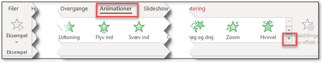 Knappen Mere giver adgang til flere animationer i PowerPoint