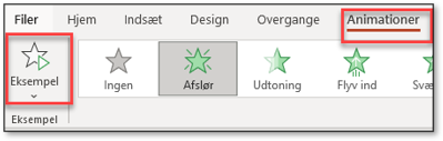 Knappen Eksempel på fanen Animationer