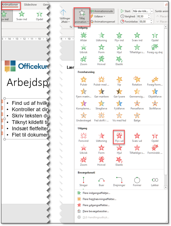 Ekstra animationer skal vælges i Tilføj animation