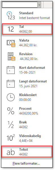 På menuen talformat kan du se at dato gemmes som tal