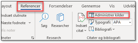 Litteraturliste i Word knap i fanen til administrer kilder