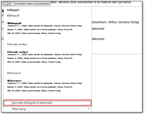 Litteraturliste i Word konverter til tekst og ændre udseende på liste