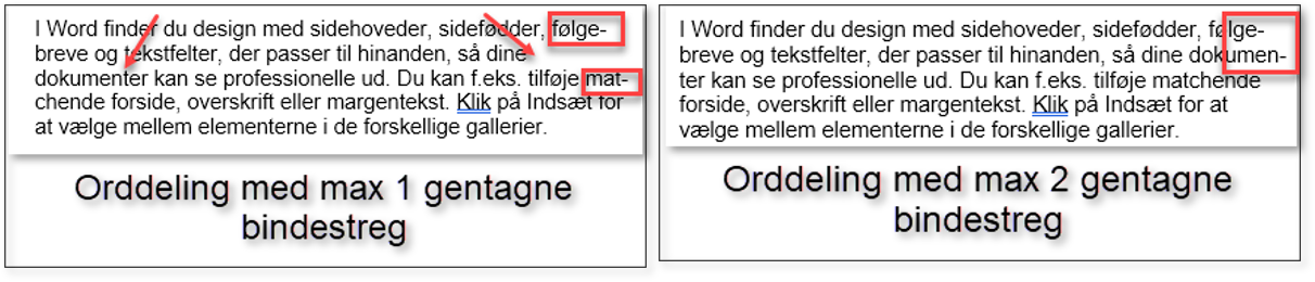 Eksempel med max antal gentagne orddelinger