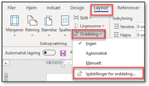Fanen Layout med indstillinger for orddeling i Word