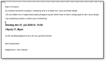 Hoveddokument til mail felt