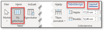 Slå Vis gitterlinje til når du bruger tabel i Word