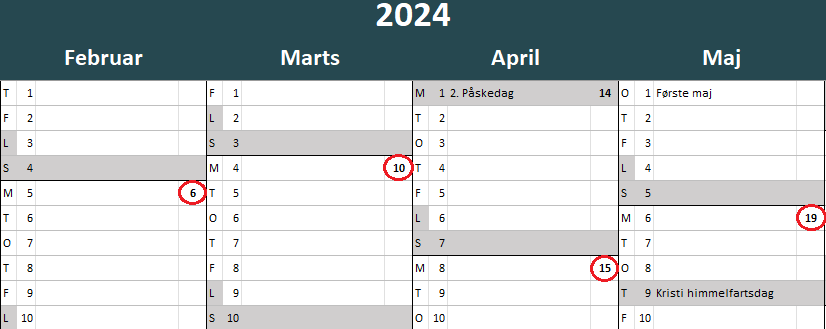 billede der viser uddrag af Excel kalender med uger