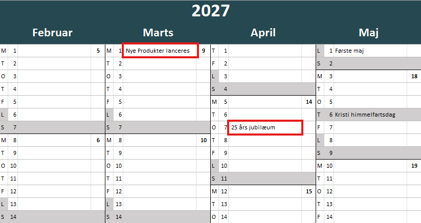Excel 2027 kalender med egne mærkedage defineret