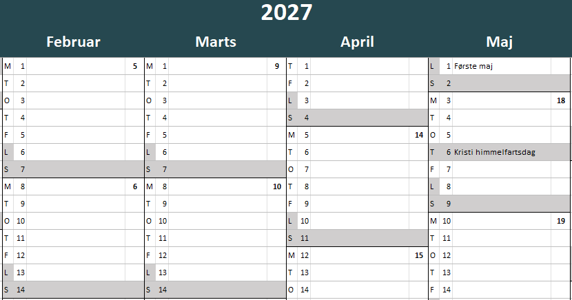 Excel kalender 2027