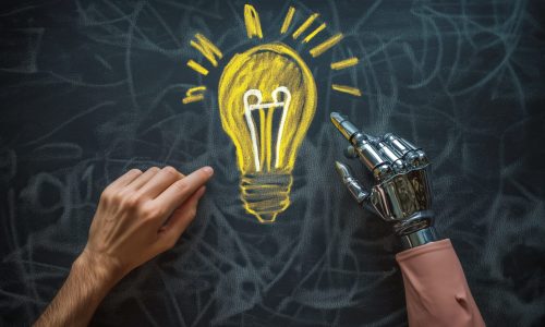 A human and a humanoid AI agent robot have their hands next to a lightbulb chalk drawing symbolizing agentic autonomy and brainstorming ideas through collaboration with autonomous copilot bots