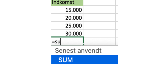 Eksempel på funktion i Excel, her SUM-funktionen