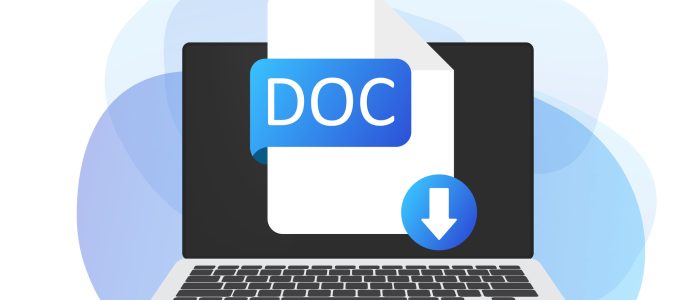 Download DOC button on laptop screen. Downloading document concept. DOC label and down arrow sign. Vector stock illustration